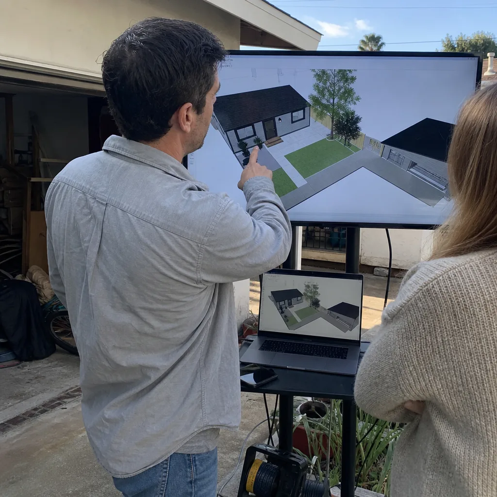Designer and client reviewing professional ADU architectural design plans