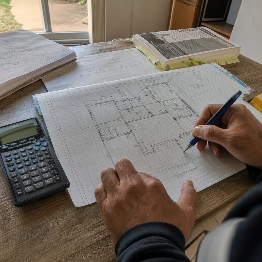 Architect designing custom ADU floor plans on a wooden office desk