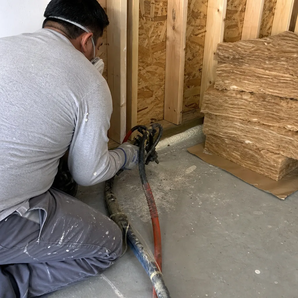 Professional contractor applying spray foam insulation for garage conversion project