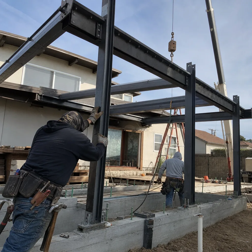 Construction crew installing a steel beam frame for a detached ADU