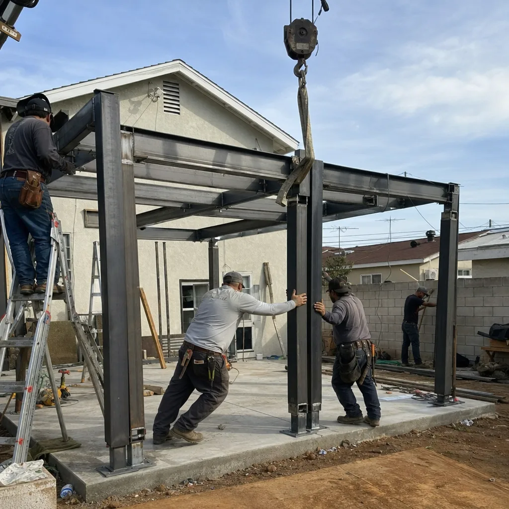 Construction crew installing structural steel frame for new detached ADU project