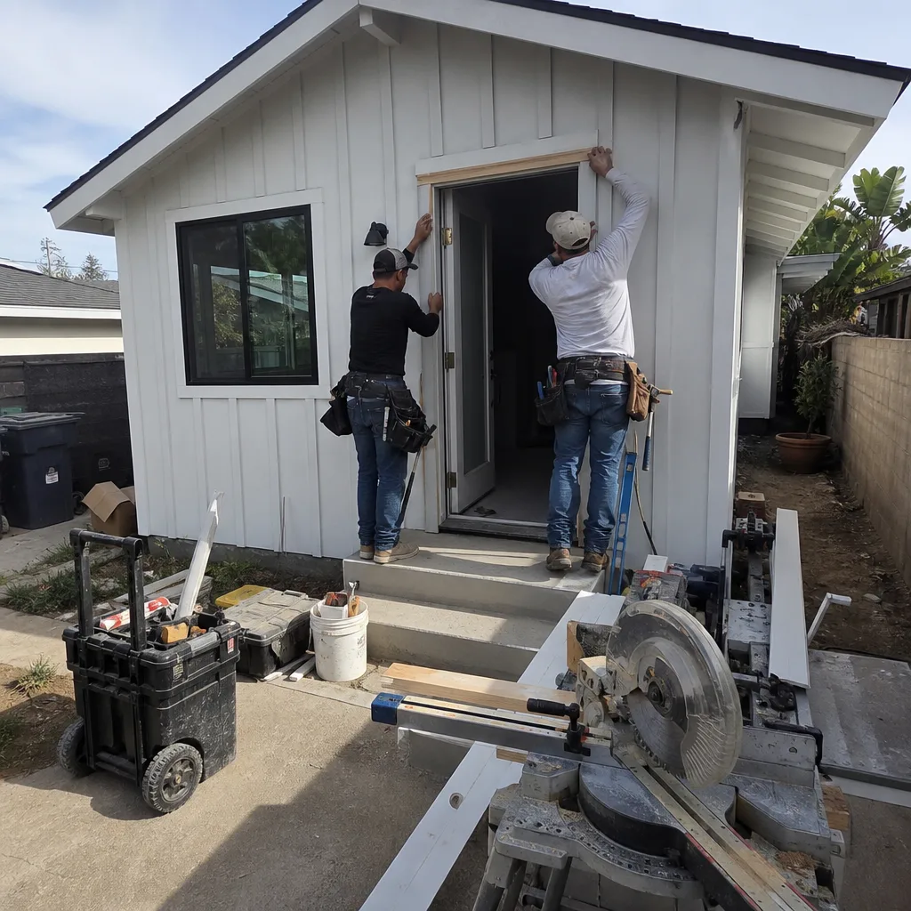 Two contractors installing door trim on a white detached ADU structure.